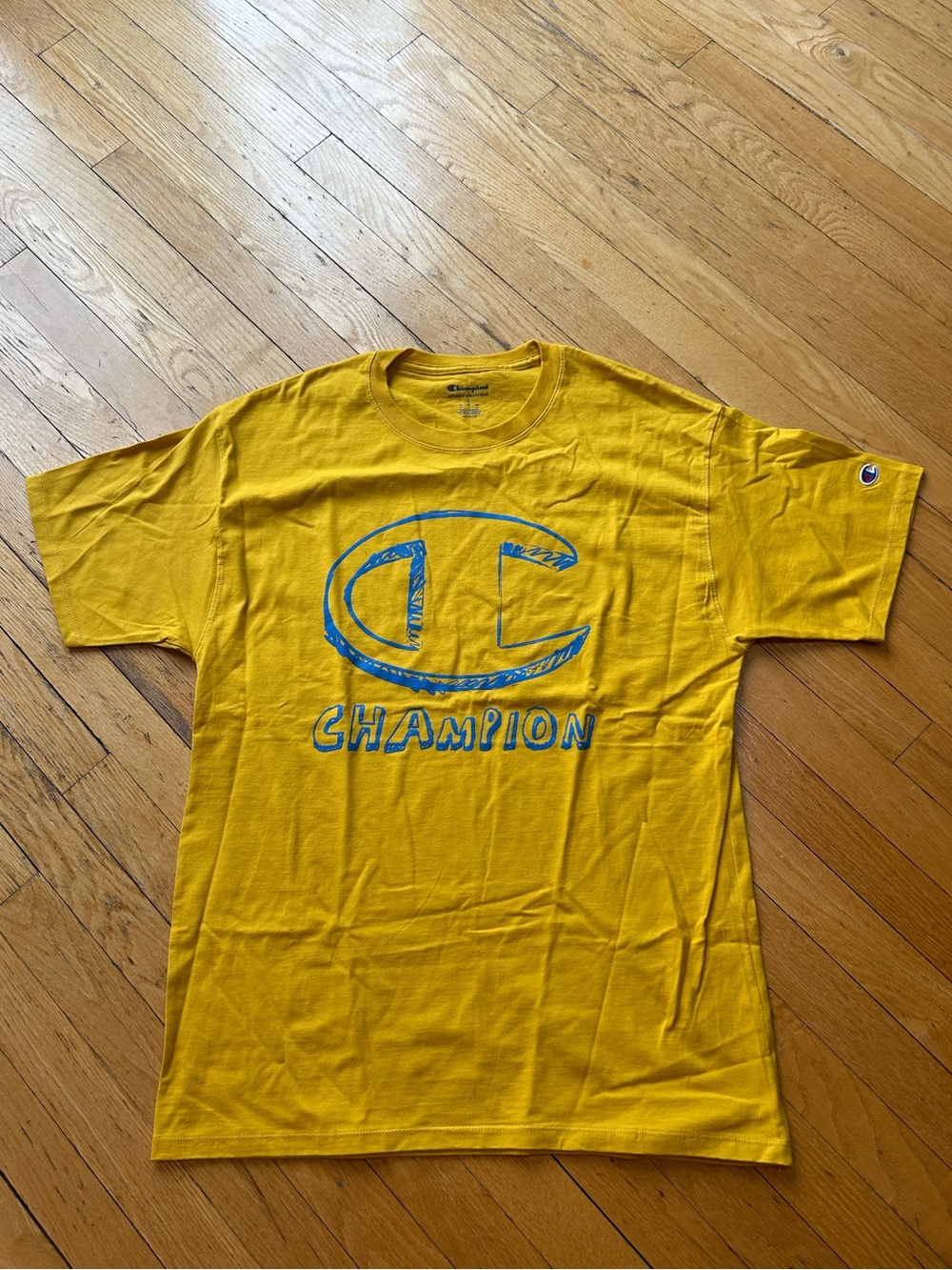 Champion Big Logo Graphic Tee Mustard Yellow & Blue Sketch Design USL